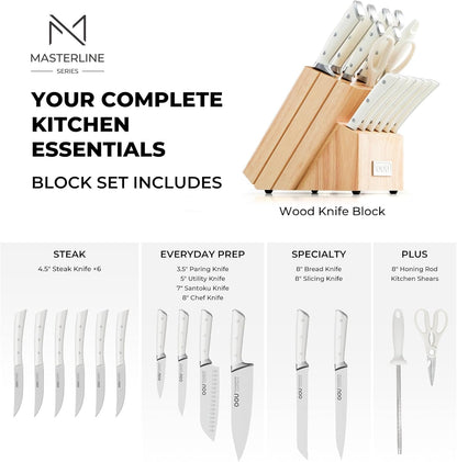 OOU 2025 Kitchen Knife Set with Block, 15-Piece German Stainless Steel Knife Blcok Set with Sharpening Rod, Ergonomic Wood Handle,Premium Razor-Sharp Knives Set for Kitchen