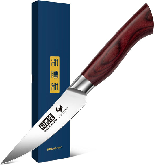 HOSHANHO 3.75 Inch Paring Knife, Ultra Sharp High Carbon Stainless Steel Small Kitchen Knife, Professional Janpanese Fruit Knife with Ergonomic Wood Handle