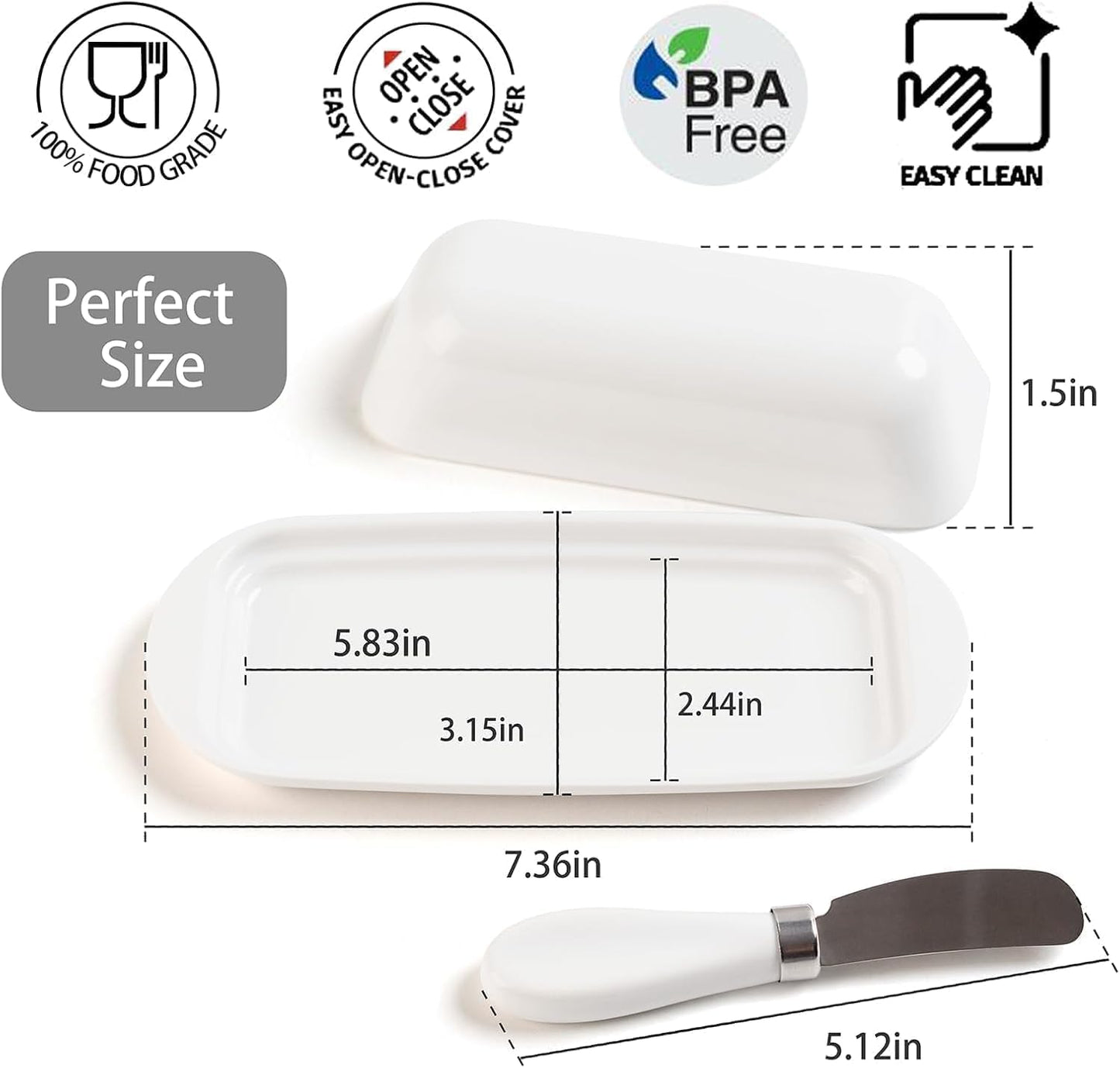 BPA-Free Melamine Butter Dish with Lid & Stainless Steel Knife - Farmhouse Butter Keeper for Countertop & Refrigerator, Dishwasher Safe, Holds 1 Stick with East & West Coast Butter-Cream