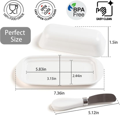 BPA-Free Melamine Butter Dish with Lid & Stainless Steel Knife - Farmhouse Butter Keeper for Countertop & Refrigerator, Dishwasher Safe, Holds 1 Stick with East & West Coast Butter-Cream