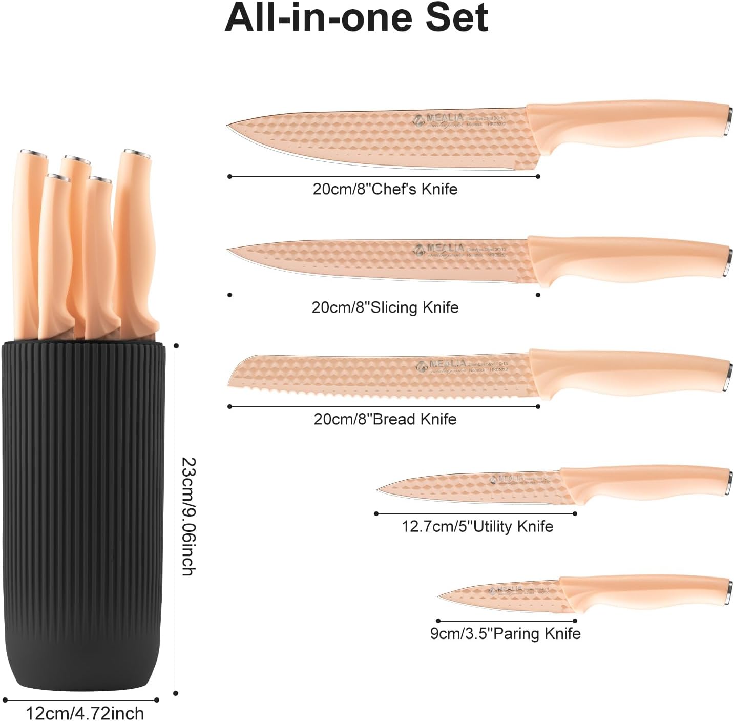 Kitchen Knife Set with Block, 6-Piece Non-stick Stainless Steel Sharp Knives Set for Precision Cutting with Universal Knife Block for Kitchen, Ergonomic Design & Dishwasher Safe, Pink