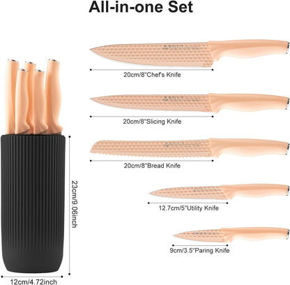 Kitchen Knife Set with Block, 6-Piece Non-stick Stainless Steel Sharp Knives Set for Precision Cutting with Universal Knife Block for Kitchen, Ergonomic Design & Dishwasher Safe, Pink