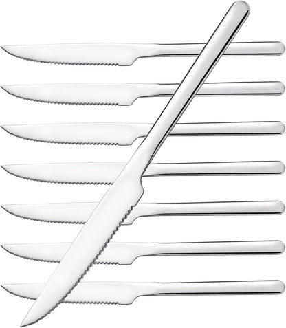 KINGSTONE Sharp Steak Knives, German Stainless Steel Steak Knife Set of 8 with Full-Serrated Blade, 9.4-Inch Sleek Design Table Knives, Mirror Polished