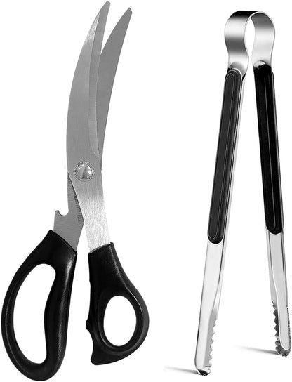 Kitchen Scissors, Korean Barbecue Sheras and Tongs Set,Kitchen Scissors for Meat Cutting, Chicken, Vegetables,Stainless Steel Non-slip Serrated Sharp BBQ Multipurpose Kitchen Sheras Tongs