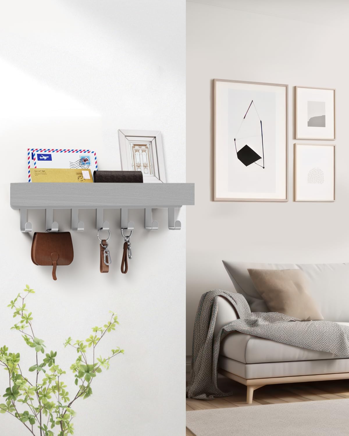 Key Holder Wall Mount Adhesive Magnetic - Hanging Key Hooks with Mail Organizer Tray for Wallet House - Keys Hanger Rack with Shelf for Camper Entryway Door Home Living Room Decor Large Black