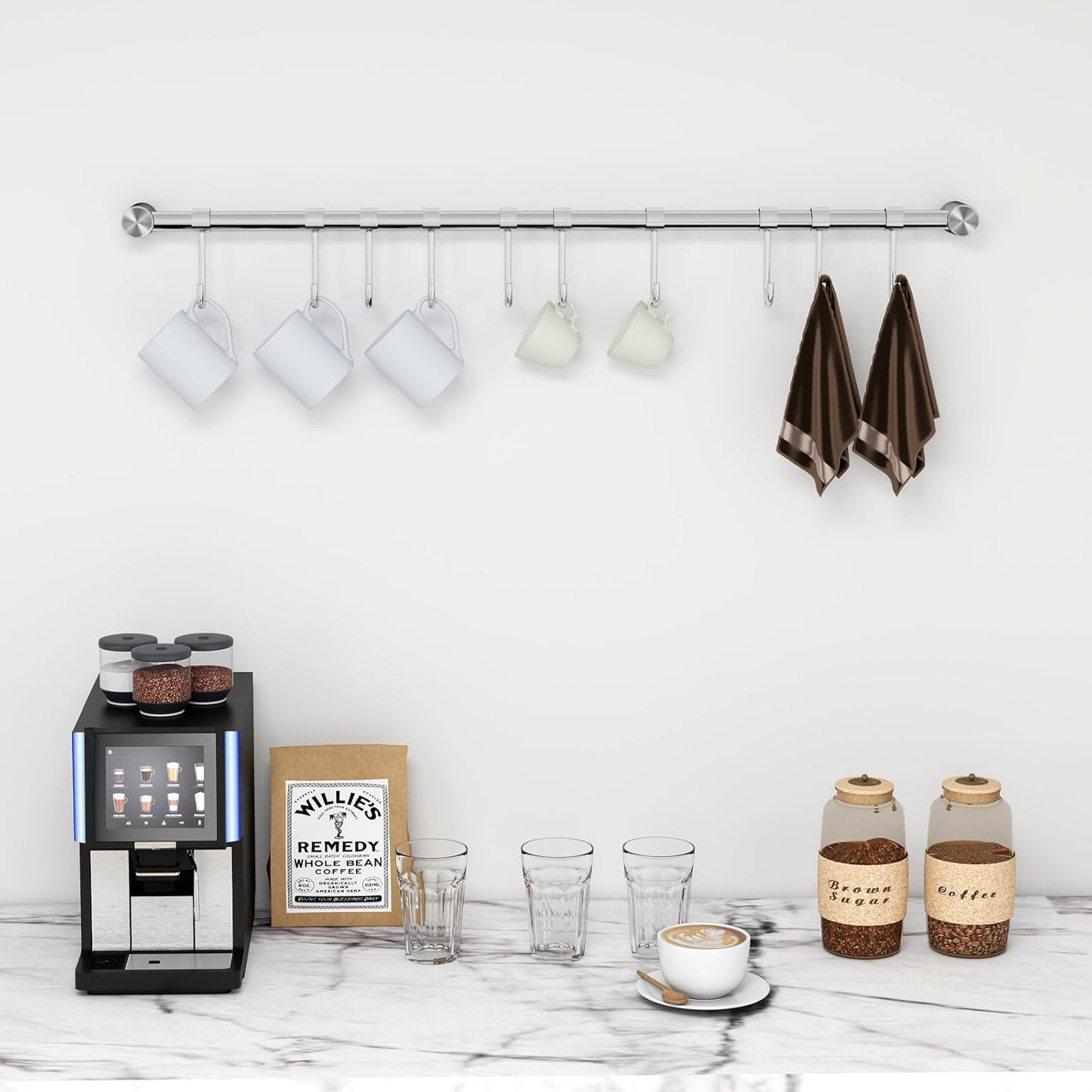 Audmore Kitchen Utensil Rack 2 Pack, 15.6 Inch Pots and Pans Hanging Rack Wall Mounted, 304 Stainless Steel Lid Cooking Utensil Hanger, 7 Sliding Hooks for Spatula Spoon, Measuring Cups, Coffee Mug