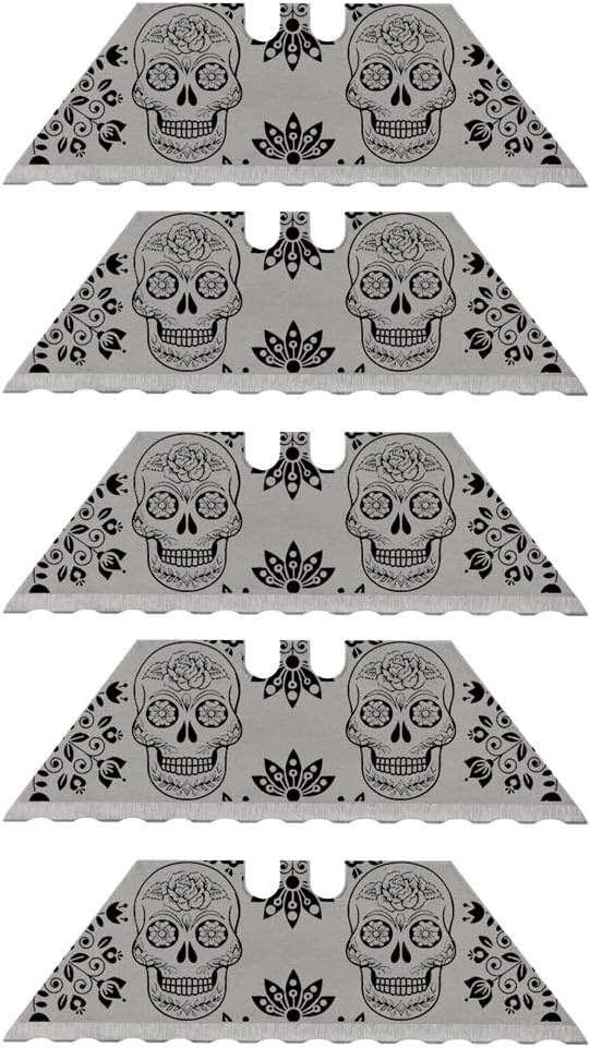 NDZ Performance Serrated Steel Blade Replacement for Utility Knife & Box Cutters, Custom Double Sided Laser Engraved Designs, Silver - Skull - 3 Pack