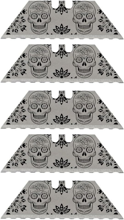 NDZ Performance Serrated Steel Blade Replacement for Utility Knife & Box Cutters, Custom Double Sided Laser Engraved Designs, Silver - Skull - 3 Pack