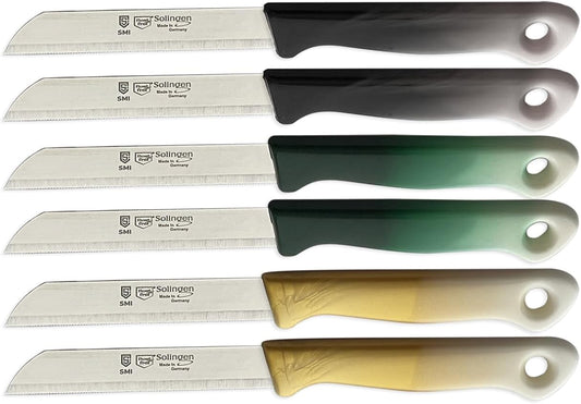 SMI 6 Pcs Paring Knife Set Serrated Solingen Germany Vegetable Knife Fruit Kitchen Knife Flexible, (color 2 black 2 gold 2 green)