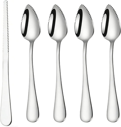 CoguZed 5-Piece Grapefruit Spoon and Knife Set Stainless Steel Serrated Edge Heavy Duty Kitchen Utensils for Grapefruit Oranges Kiwi Citrus Fruits Desserts