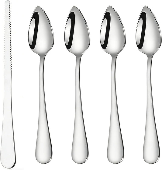 CoguZed 5-Piece Grapefruit Spoon and Knife Set Stainless Steel Serrated Edge Heavy Duty Kitchen Utensils for Grapefruit Oranges Kiwi Citrus Fruits Desserts