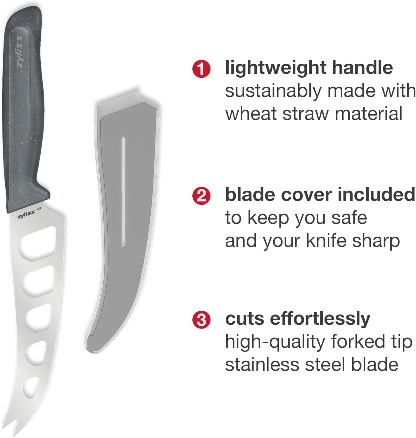 Zyliss Cheese Knife – Stainless Steel Blade with Non-Stick Holes & Forked Tip for Serving – Cuts Soft, Semi-Soft & Firm Cheeses – Wheat Straw Handle, Dishwasher Safe, 5-Year Guarantee – 5"