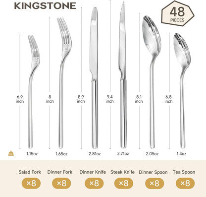 KINGSTONE 48-Piece Silverware Set with Steak Knives, Flatware Set for 8, Stainless Steel Tableware Cutlery Set for Home Restaurant, Mirror Finish,Modern Design