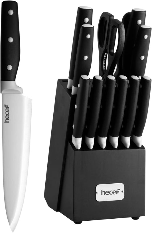 hecef Kitchen Knife Block Set, 14 Pieces Knife Set with Wooden Block & Sharpener Steel & All-purpose Scissors, High Carbon Stainless Steel Cutlery Set (Pink)