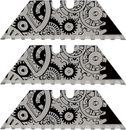 NDZ Performance Serrated Steel Blade Replacement for Utility Knife & Box Cutters, Custom Double Sided Laser Engraved Designs, Silver - Skull - 3 Pack