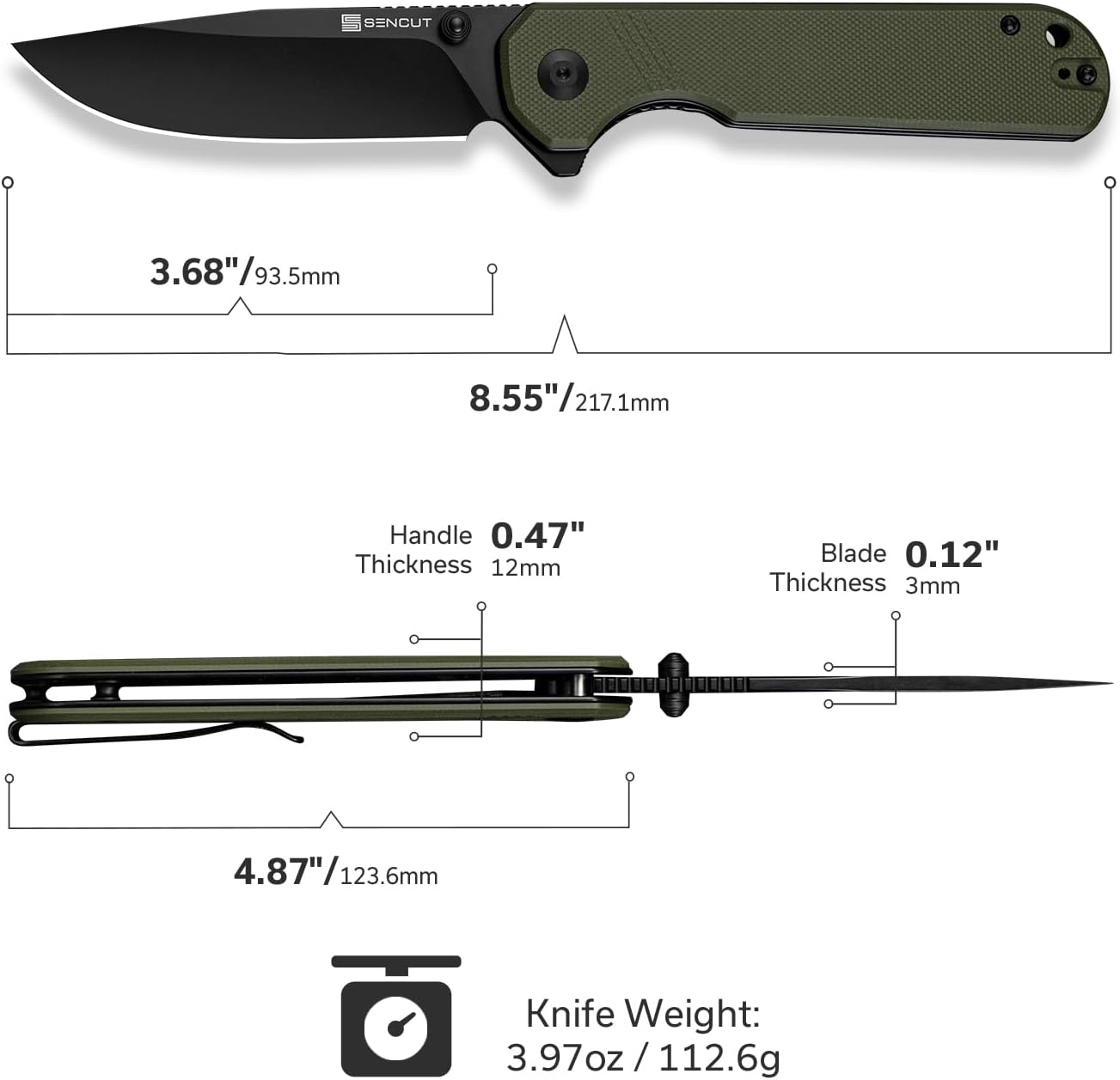 SENCUT Aetheris Pocket Knife, EDC Folding Knife with 3.68'' 9Cr18MoV Blade & Canvas Micarta Handle, Reversible Clip for Camping Hiking S24095-3(Black)