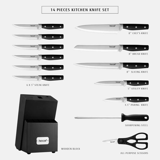 hecef Kitchen Knife Block Set, 14 Pieces Knife Set with Wooden Block & Sharpener Steel & All-purpose Scissors, High Carbon Stainless Steel Cutlery Set (Pink)
