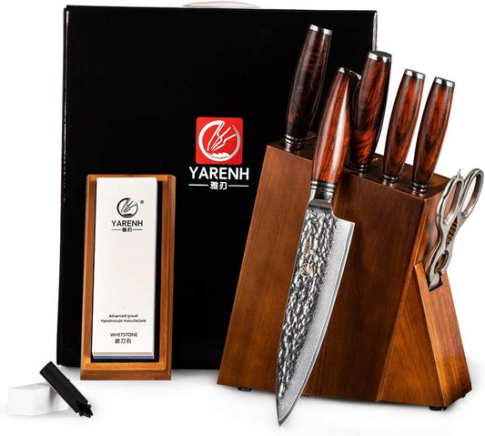 YARENH Cleaver Knife Set with Magnetic Block, Damascus Stainless Steel,73 Layers, 5 Piece Professional Sharp Kitchen Knife Set for Chef, Full Tang, Sandalwood Wood Handle