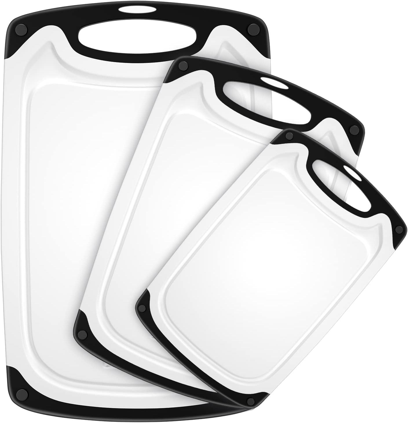 Viretang Plastic Cutting Boards Set of 3 for Kitchen, Thick Chopping Board with Deep Juice Grooves, Non‑Slip Feet, Easy Grip Handle, BPA Free, Dishwasher Safe,Black