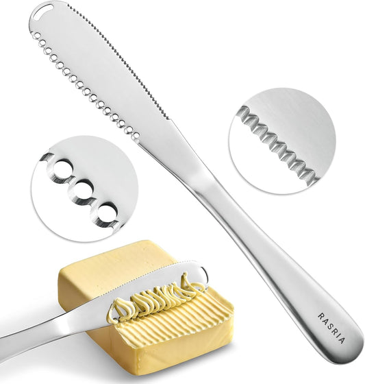 3-in-1 Stainless Steel Butter Knife for Cold & Hard Butter – Butter Spreader, Curler & Slicer with Crescent Hole