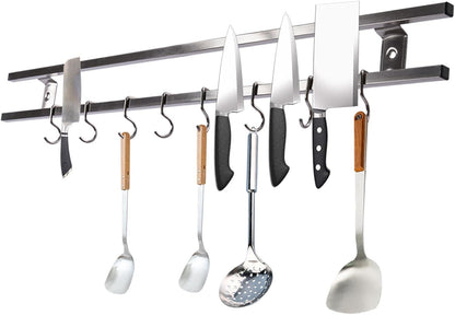 Double-bar Tool Holder, 24Inch Magnetic Knife Holder Magnetic Knife Strip with 8 Hooks Powerful Magnetic