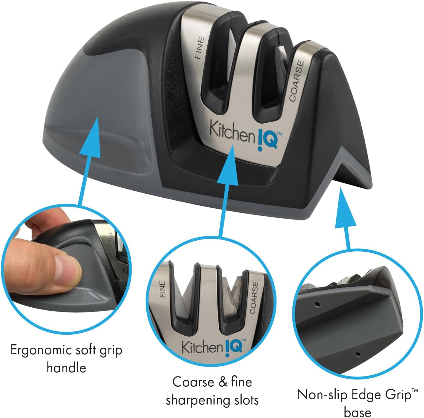 KitchenIQ 50009 Edge Grip 2-Stage Knife Sharpener, Black, Coarse & Fine Sharpeners, Compact for Easy Storage, Stable Non-Slip Base, Soft Grip Rubber Handle, Straight & Serrated Knives