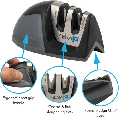 KitchenIQ 50009 Edge Grip 2-Stage Knife Sharpener, Black, Coarse & Fine Sharpeners, Compact for Easy Storage, Stable Non-Slip Base, Soft Grip Rubber Handle, Straight & Serrated Knives