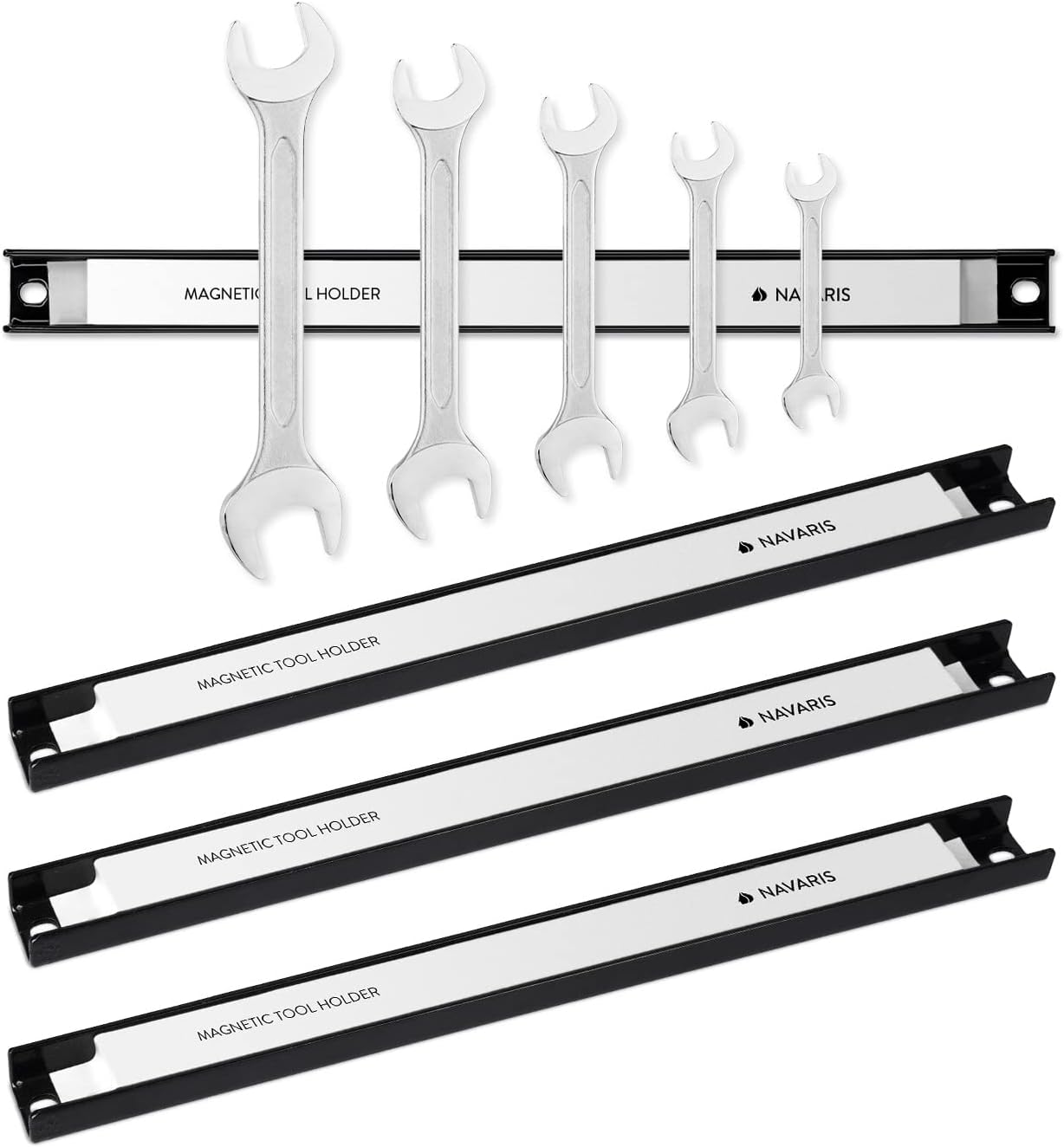 Navaris Set of 4 Magnetic Tool Holder Rack - 12 Inch Heavy Duty Garage Wall Holder Strip for Tools - Tool Bar with Magnet for Screwdriver, Wrench