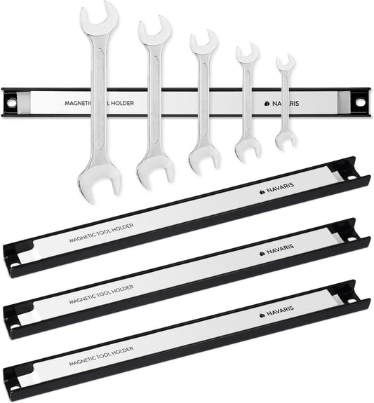 Navaris Set of 4 Magnetic Tool Holder Rack - 12 Inch Heavy Duty Garage Wall Holder Strip for Tools - Tool Bar with Magnet for Screwdriver, Wrench