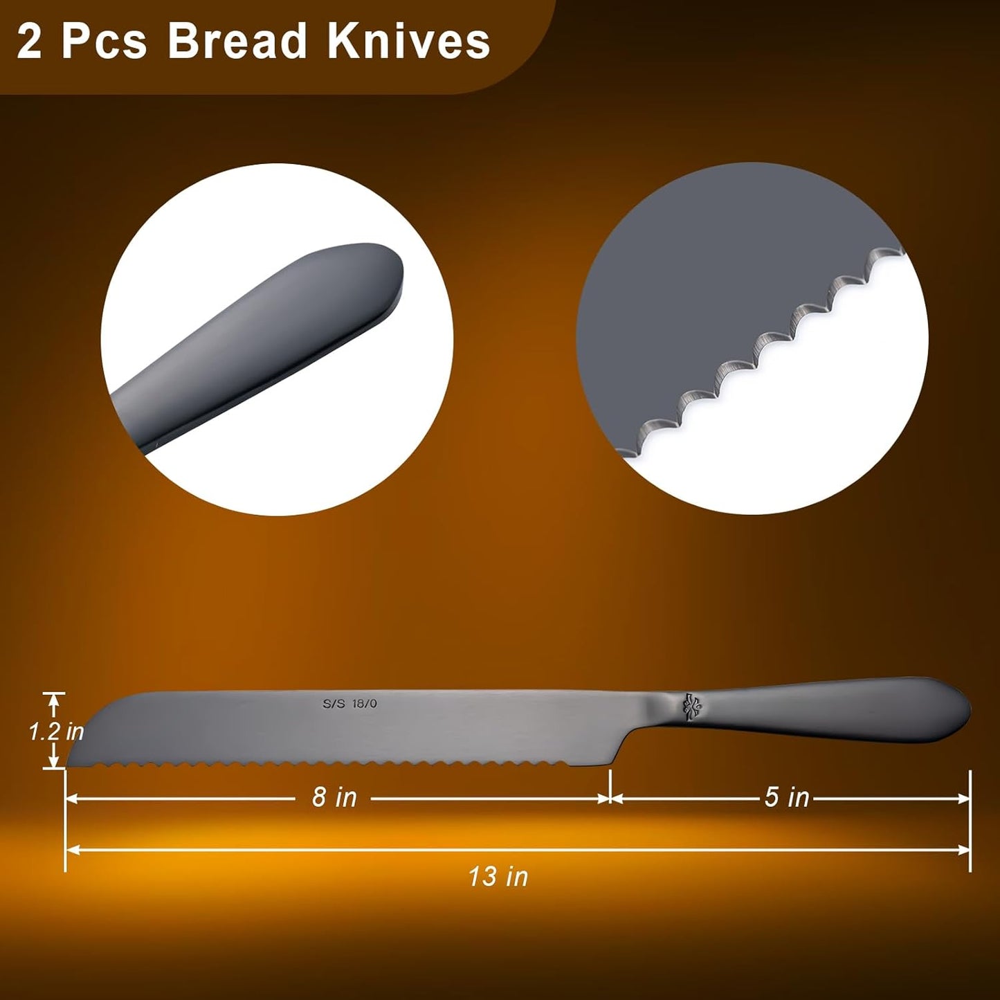 Eisinly Bread Cutting Knife, 13 Inches Serrated Bread Knives for Homemade Bread, Stainless Steel Long Bread Slicing Knife for Baker, Baking Lover, 2PCS Matte Black