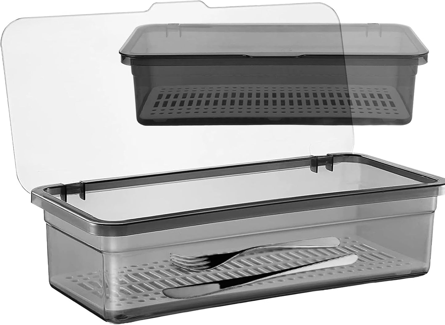 3PCS Flatware Tray with Lid and Drainer, Tableware Utensil and Cutlery Drawer Organizer with Lid Covered Silverware Tray to Keeps Your Cutlery Organized and Protected,Grey