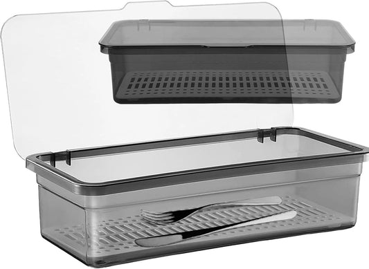 3PCS Flatware Tray with Lid and Drainer, Tableware Utensil and Cutlery Drawer Organizer with Lid Covered Silverware Tray to Keeps Your Cutlery Organized and Protected,Grey