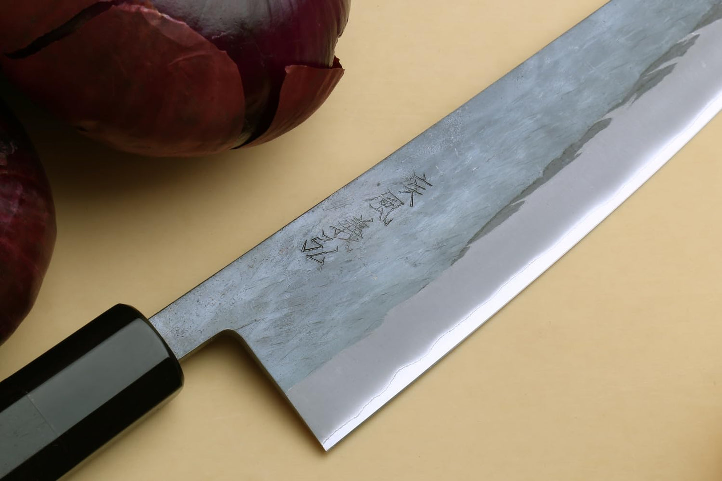 Yoshihiro Kurouchi Black-Forged Blue Steel Stainless Clad Gyuto Chefs Knife and Petty Utility Knife 2pc Set Ebony Handle (Gyuto 210mm & Petty 135mm)