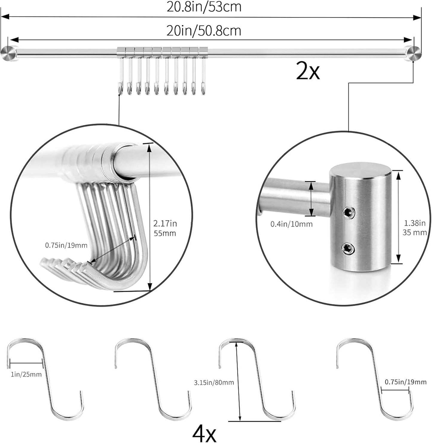 Audmore Kitchen Utensil Rack 2 Pack, 15.6 Inch Pots and Pans Hanging Rack Wall Mounted, 304 Stainless Steel Lid Cooking Utensil Hanger, 7 Sliding Hooks for Spatula Spoon, Measuring Cups, Coffee Mug