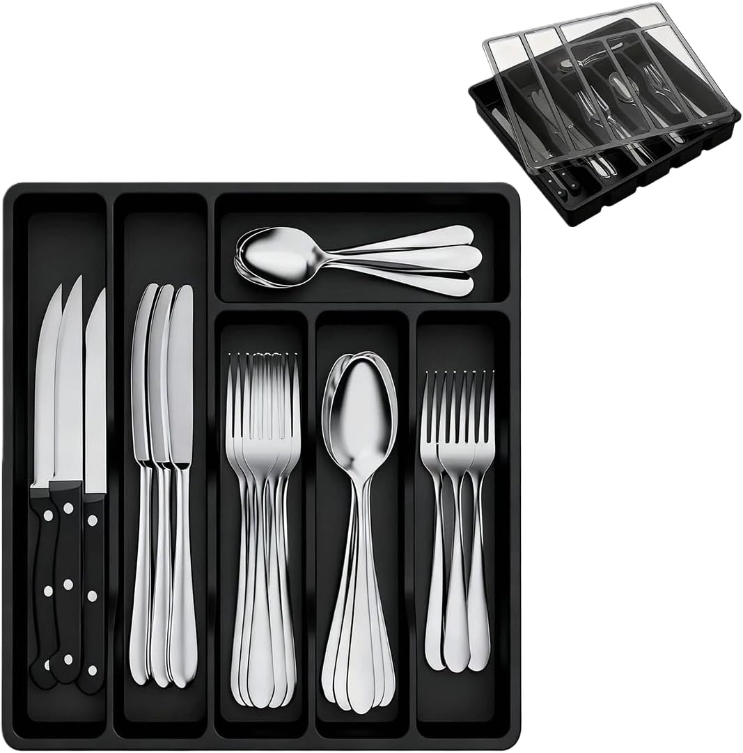 Silverware Organizer with Lid, Covered Utensil Tray for Kitchen Drawer and Countertop, Plastic Cutlery and Flatware Storage Box for Spoons Forks Knives Holder Case, 6 Compartments, Black