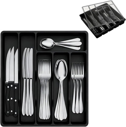 Silverware Organizer with Lid, Covered Utensil Tray for Kitchen Drawer and Countertop, Plastic Cutlery and Flatware Storage Box for Spoons Forks Knives Holder Case, 6 Compartments, Black