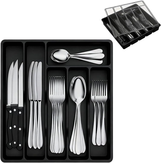 Silverware Organizer with Lid, Covered Utensil Tray for Kitchen Drawer and Countertop, Plastic Cutlery and Flatware Storage Box for Spoons Forks Knives Holder Case, 6 Compartments, Black