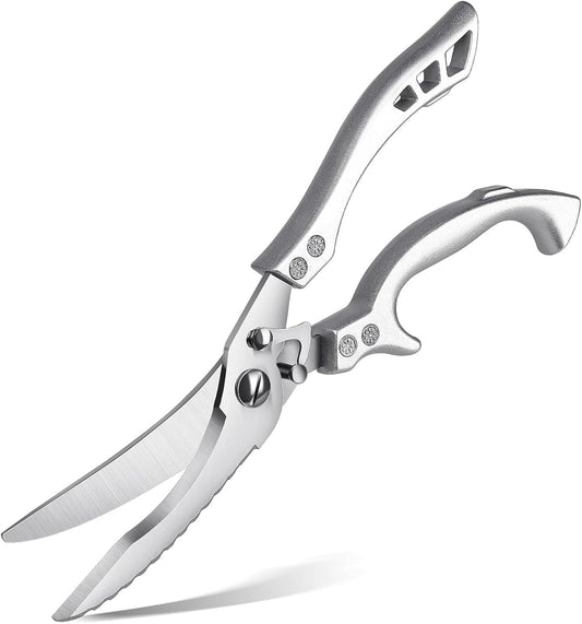 Heavy Duty Kitchen Scissors, Dishwasher Safe Stainless Steel Cooking Shears Spring loaded, Sharp Multipurpose Food Scissors silver for Cutting Meat, Bones, Turkey, Poultry & Fish Plastic Handle