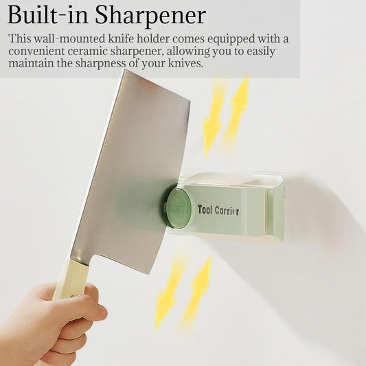 Multifunctional Kitchen Wall-Mounted Knife Holder with Built-in Sharpener - Hanging Knives Rack, No-Drill Installation (Green)