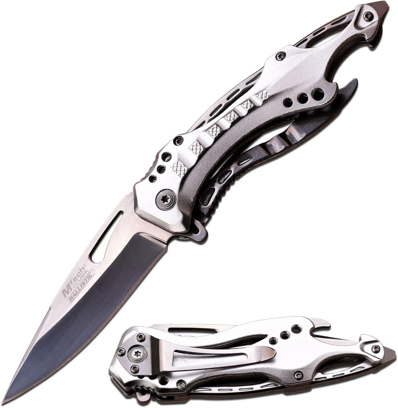 MTECH USA Folding Knife, 3.75-Inch Half-Serrated Blade, Titanium Coating, Glass Breaker, Pocket Clip