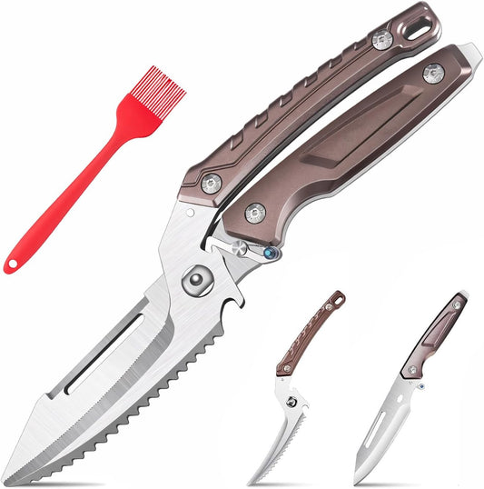 All Purpose Heavy Duty Kitchen Scissors for Food, Detachable Dishwasher Safe Poultry Shears with Spring-Loaded Chicken Bone Cutter (Brown)
