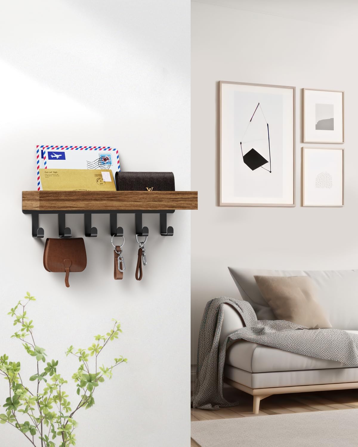 Key Holder Wall Mount Adhesive Magnetic - Hanging Key Hooks with Mail Organizer Tray for Wallet House - Keys Hanger Rack with Shelf for Camper Entryway Door Home Living Room Decor Large Black