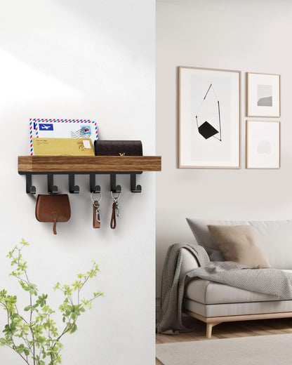 Key Holder Wall Mount Adhesive Magnetic - Hanging Key Hooks with Mail Organizer Tray for Wallet House - Keys Hanger Rack with Shelf for Camper Entryway Door Home Living Room Decor Large Black