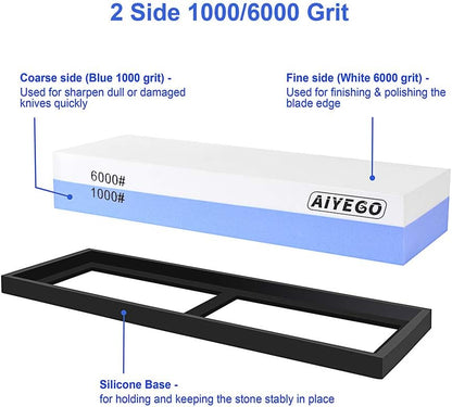 Knife Sharpening Stone, 2 Sided Grit 1000/6000 Whetstone Set with Non-slip Silicone Base for Home Kitchen(Blue&White)