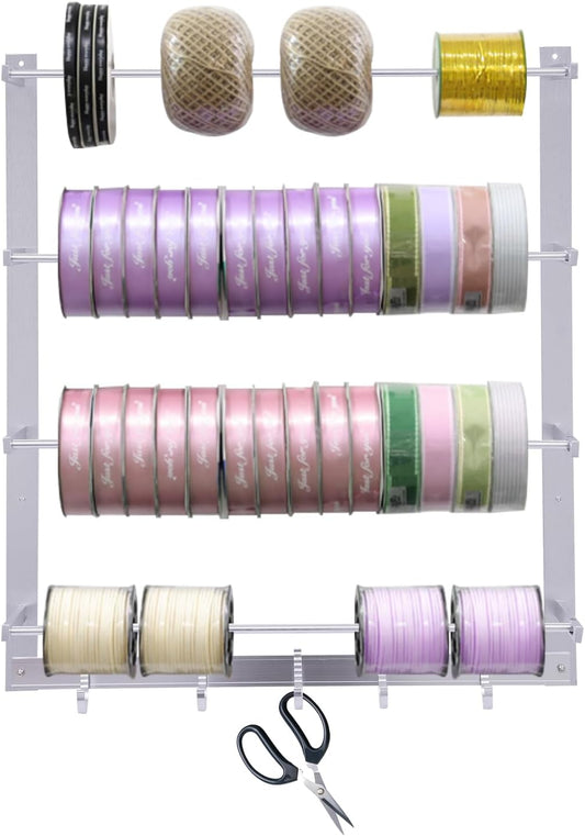 Ribbon Storage Rack, 4-Tier Wall Mounted Ribbon Organizer Racks with 5 Hooks, Sewing Tool Storage Metal Wall Rack, Sewing Thread Organizer Holder for Florist, Cake Shop, Craft Room, Home