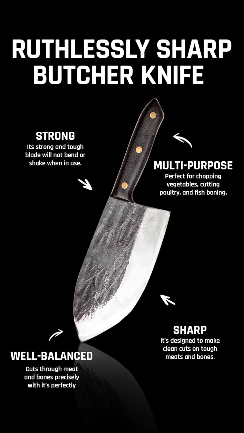 COOLINA Daozi 8" Butcher Knife, Hand-Forged High-Carbon Steel Cleaver for Heavy-Duty Meat Cutting, Slicing, Chopping, Brisket & BBQ, Full-Tang Forged Blade with Ergonomic Wood Handle