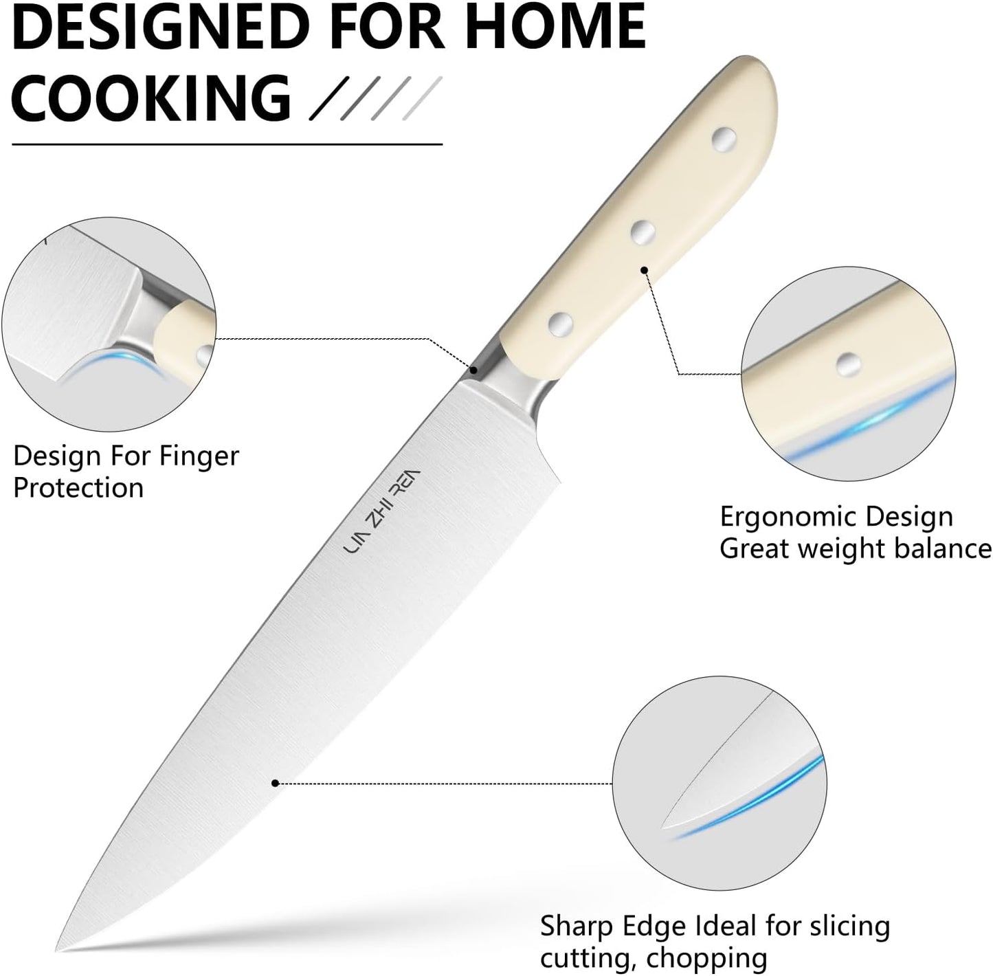 13 Piece Knife Set，Kitchen Knife Block Set，White stainless steel knife set with sharpener for Chopping, Slicing, Dicing & Cutting，Dishwasher safe