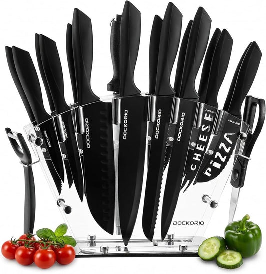 all in one Kitchen Knife Set with Block, 19 PCS High Carbon Stainless Steel Sharp Serrated Steak Knives Set, Chef Knives, Bread Knife, Scissor, Sharpener,
