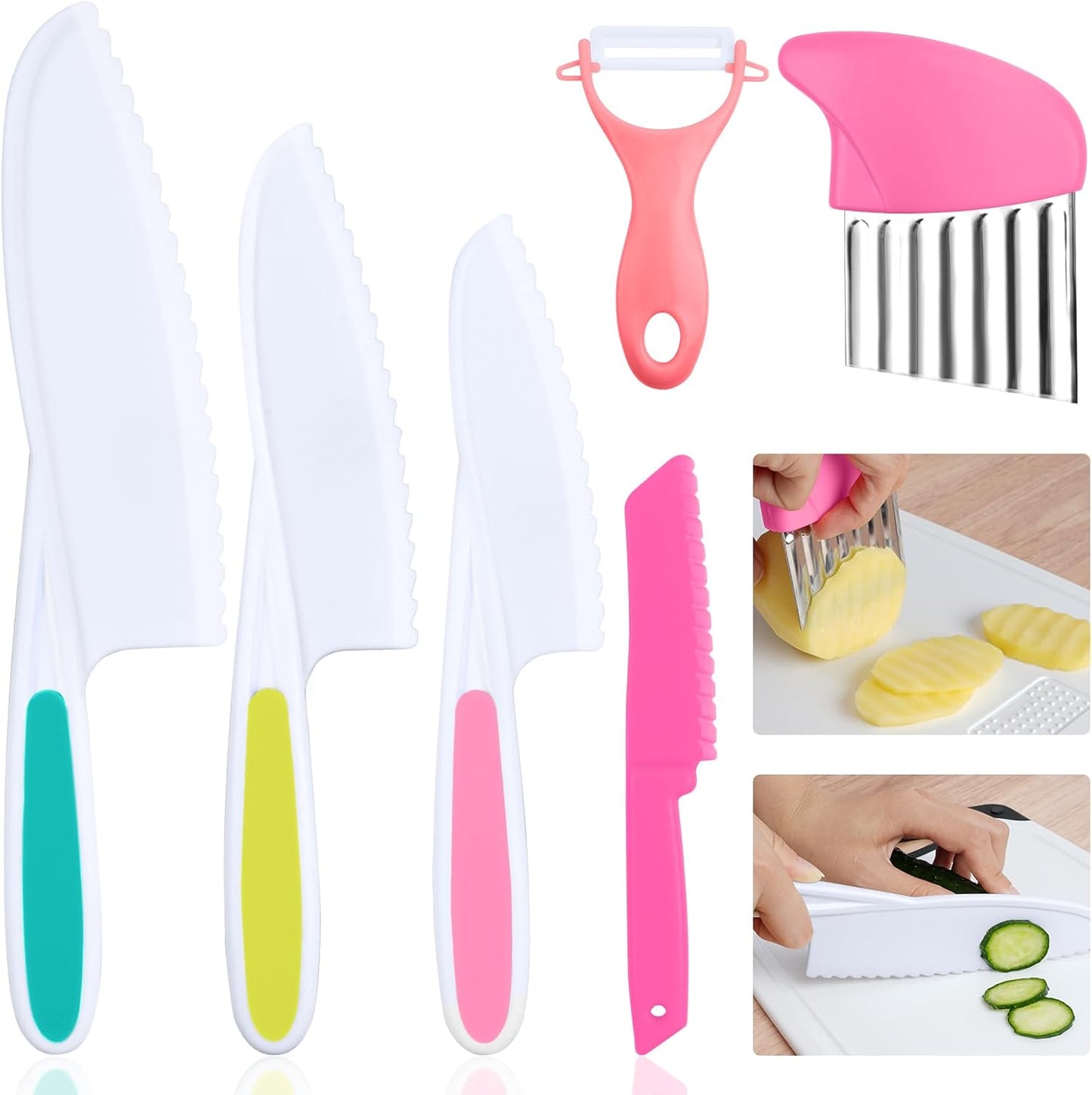 HOTUT Montessori Kitchen Tools,6Pieces Knives for Kids Nylon Kids Safe Cooking Knives Serrated Edges,Y Peeler For Cooking and Cutting Fruit,Suitable for Children and Beginners