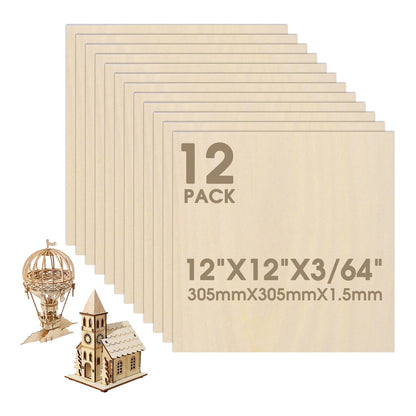 12 Pack Basswood Sheets 12"×12"×5/16" Unfinished Plywood Sheet Smooth Thin Wood Boards for Laser Cutting Wood Carving Burning DIY Crafts